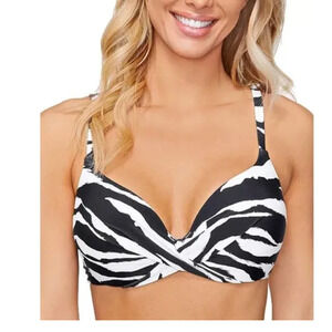 Island Escape Black & White Animal Print Gemini Underwire Swim Bikini Top 14 NWT